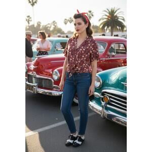 Monteau LA Burgundy Retro Rockabilly Crop Button-Up Top – Puppy Print – Women’s